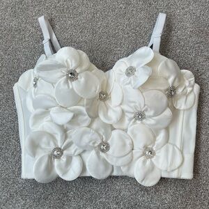 White Floral Embellished Crop Top